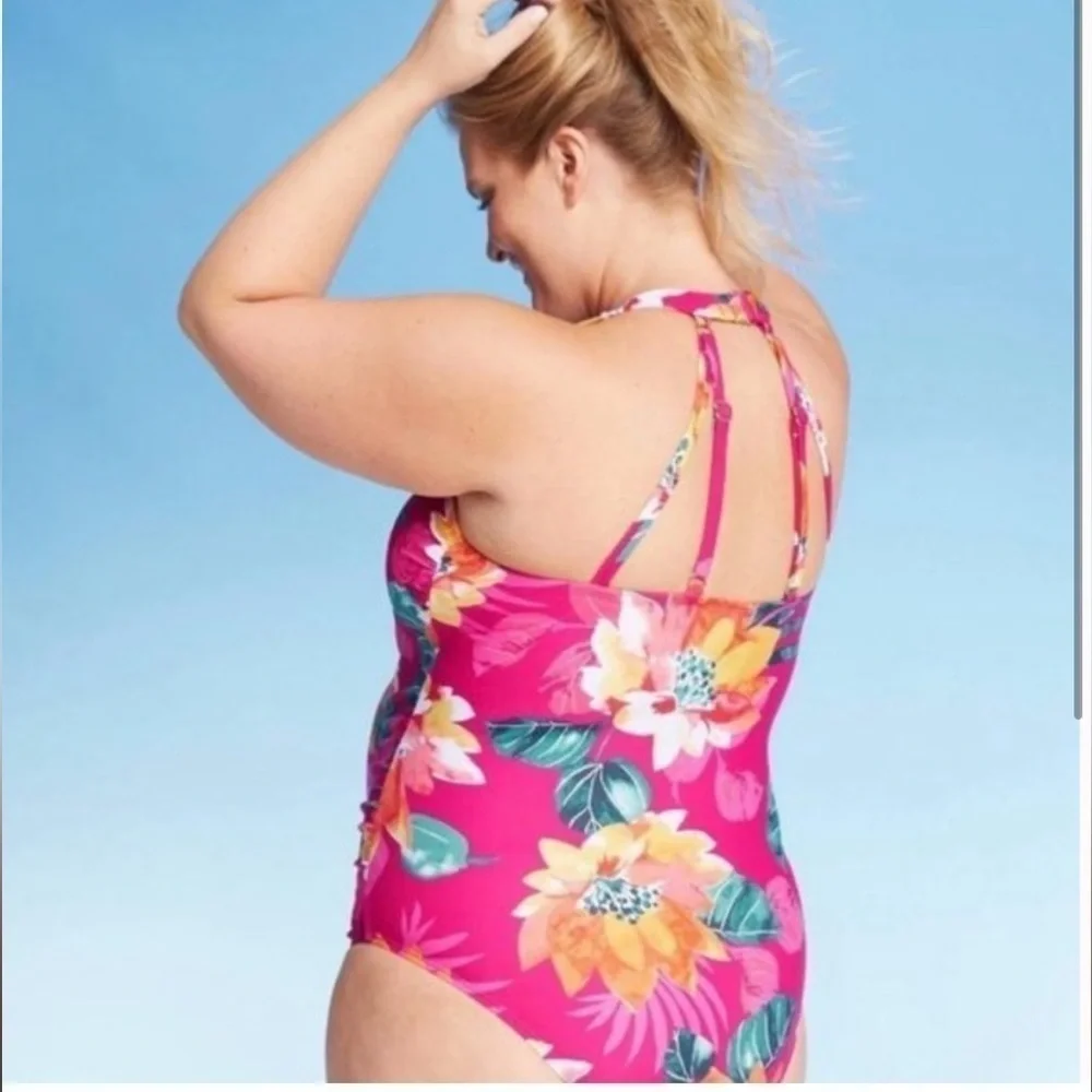 Kona Sol Pink Floral One Piece Swimsuit plus size 22W built in bra full cov